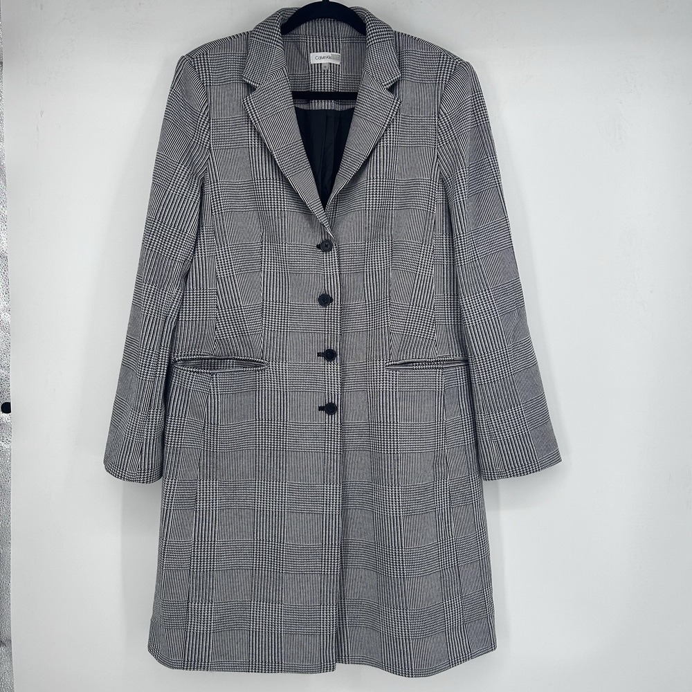 Calvin Klein Blazer Jacket Womens 16 Black White Plaid Long Coat
